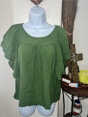 Maeve (Anthropologie) Olive Green Ruffle Sleeve Blouse